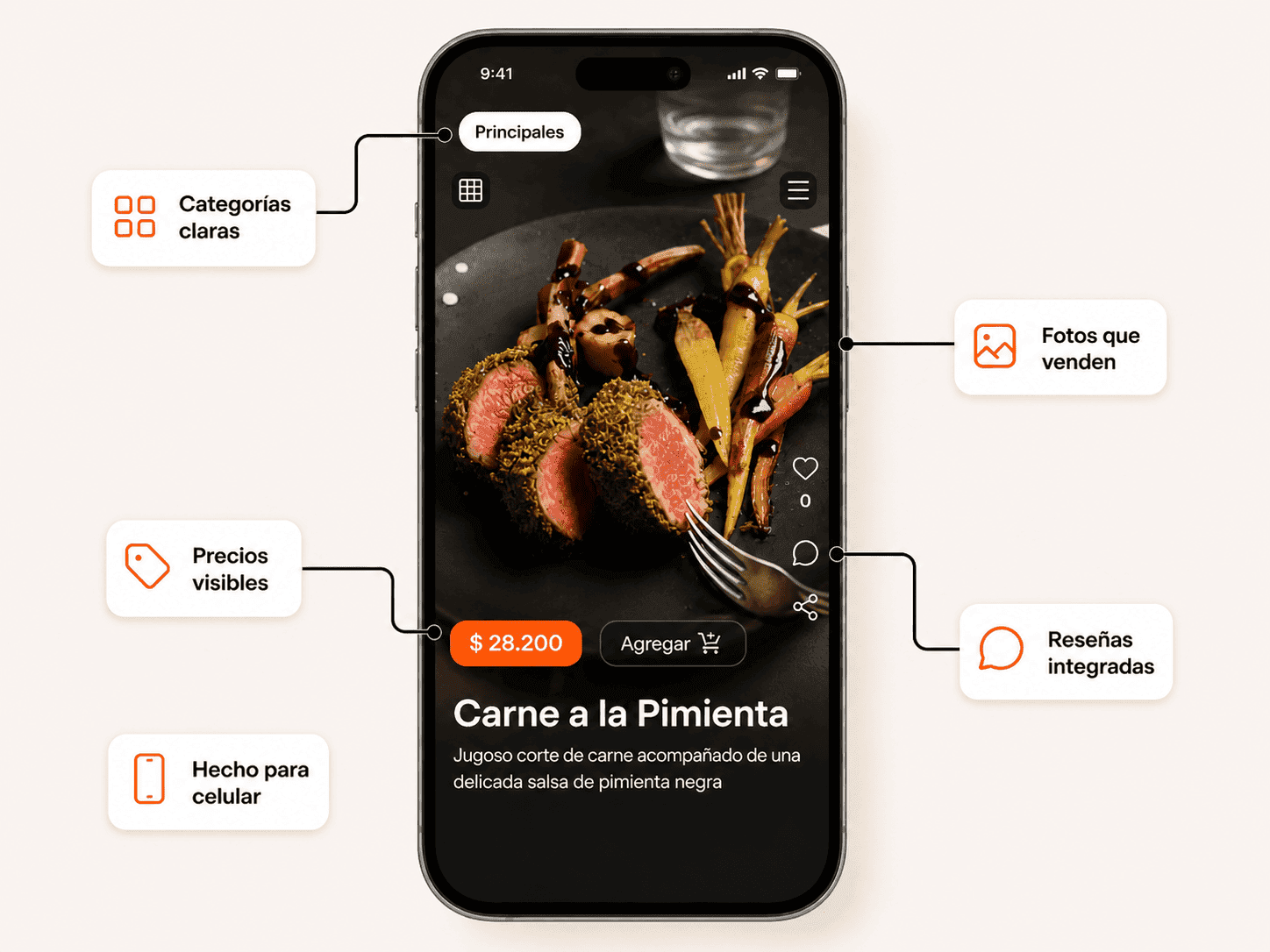 Vista de LaCarta en celular con categorías, precios, fotos y reseñas integradas
