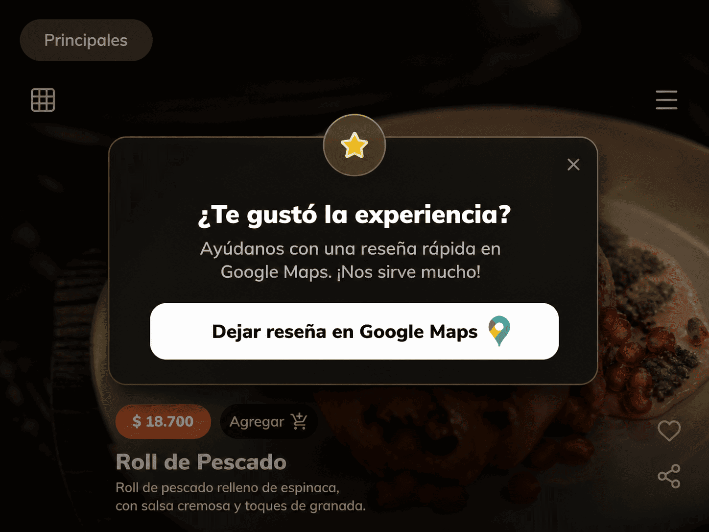 Pantalla de LaCarta invitando al cliente a dejar una reseña en Google Maps